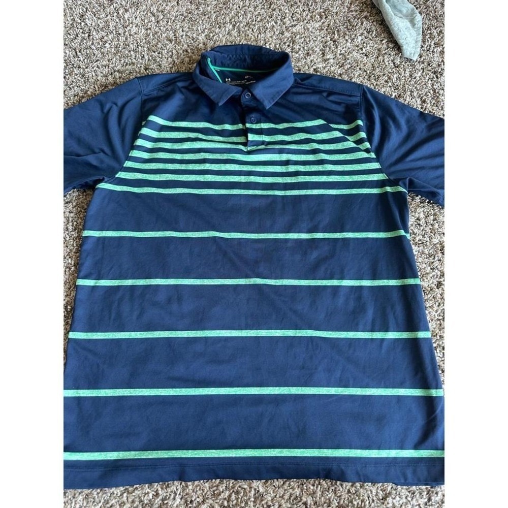 Under Armour Golf Polo Shirt Mens Large Striped Short Sleeve Blue Green